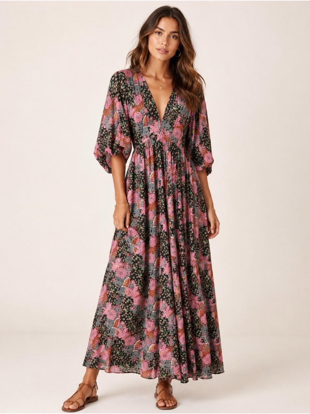 Entro Pink and Black Floral Maxi Dress